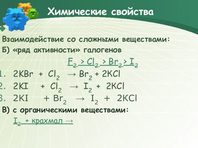 Химические свойства Взаимодействие со сложными веществами: Б) «ряд активности» галогенов F2 >