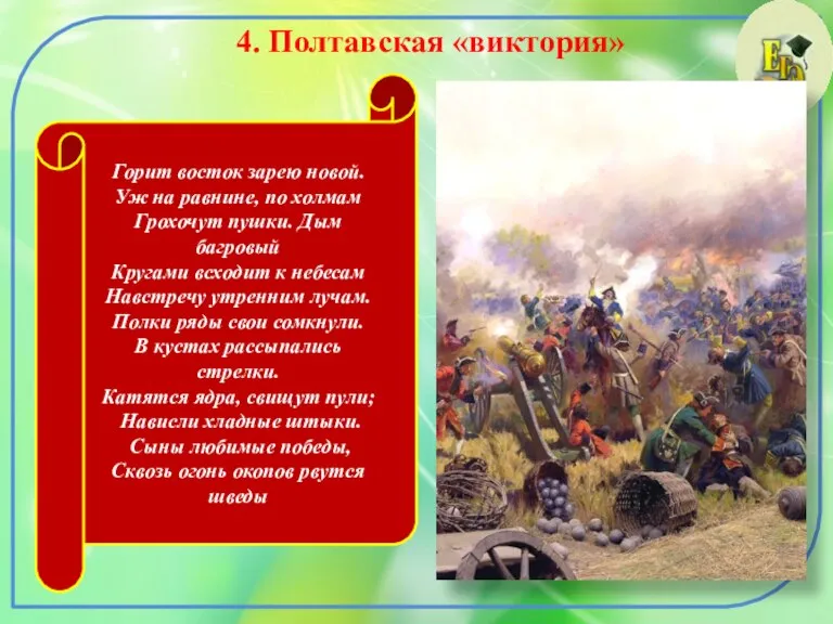 4. Полтавская «виктория» Горит восток зарею новой. Уж на равнине, по холмам