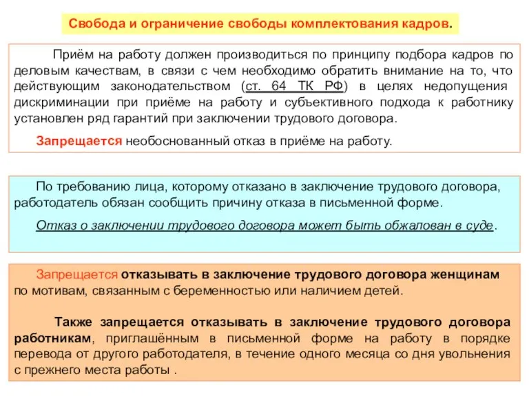 Запрещается отказывать в заключение трудового договора женщинам по мотивам, связанным с беременностью