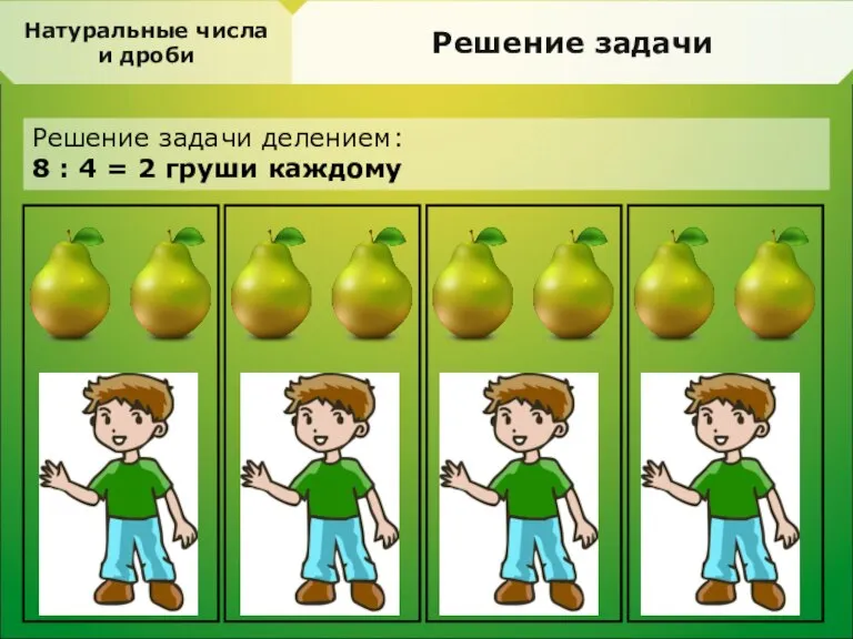 Натуральные числа и дроби Решение задачи Решение задачи делением: 8 : 4 = 2 груши каждому