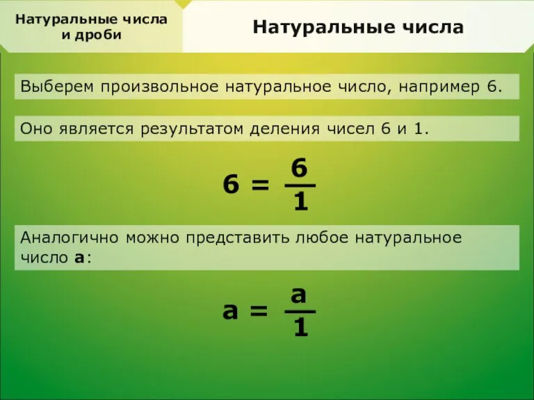 Натуральные числа и дроби Натуральные числа Выберем произвольное натуральное число, например 6.
