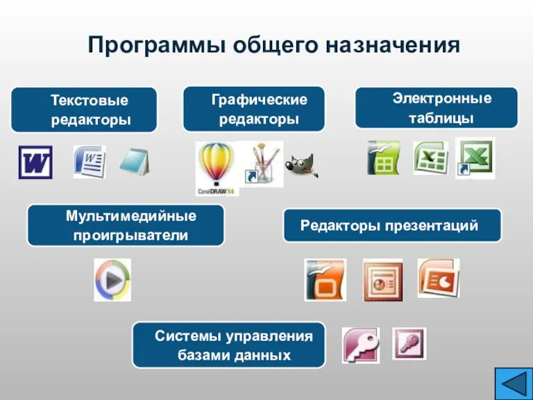 Редакторы презентаций Текстовые редакторы Электронные таблицы Графические редакторы Системы управления базами данных