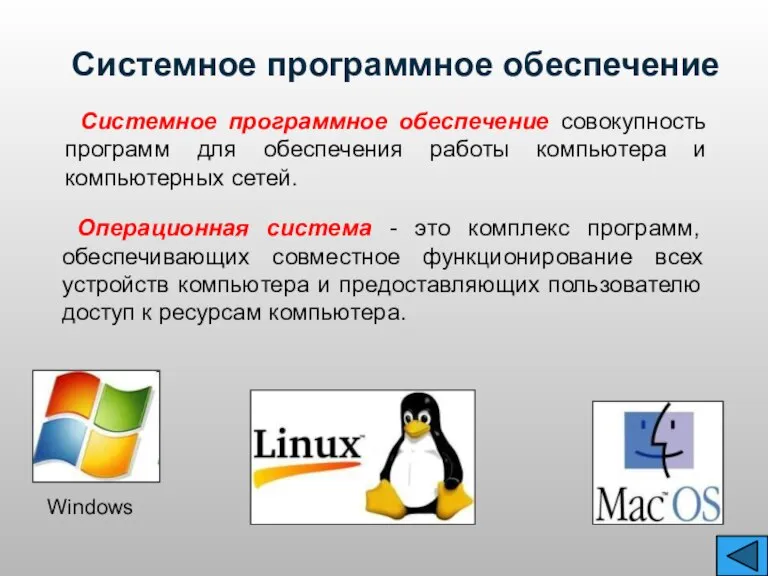 Системное программное обеспечение совокупность программ для обеспечения работы компьютера и компьютерных сетей.