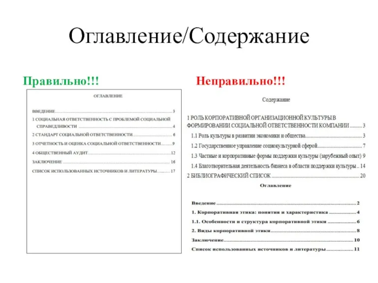 Оглавление/Содержание Правильно!!! Неправильно!!!