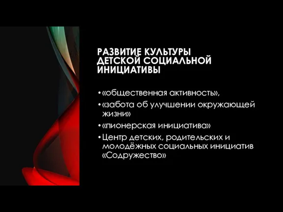 РАЗВИТИЕ КУЛЬТУРЫ ДЕТСКОЙ СОЦИАЛЬНОЙ ИНИЦИАТИВЫ «общественная активность», «забота об улучшении окружающей жизни»