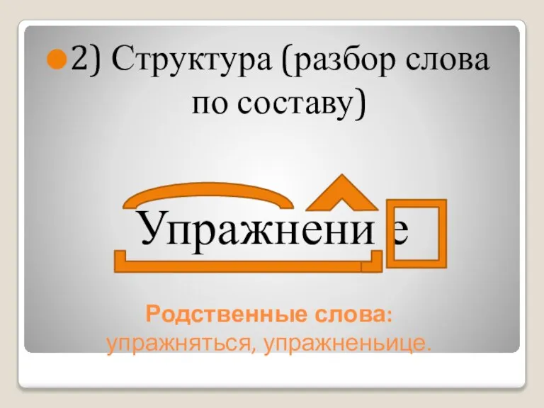 Родственные слова: упражняться, упражненьице. 2) Структура (разбор слова по составу) Упражнени е