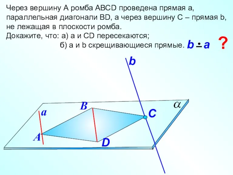 Через вершину А ромба АВСD проведена прямая а, параллельная диагонали ВD, а