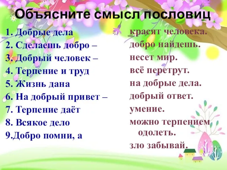 Объясните смысл пословиц 1. Добрые дела 2. Сделаешь добро – 3. Добрый