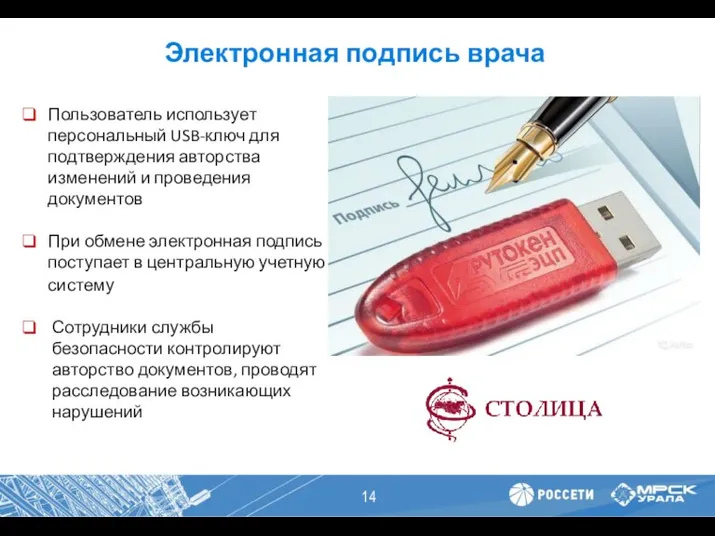 Электронная подпись врача Пользователь использует персональный USB-ключ для подтверждения авторства изменений и