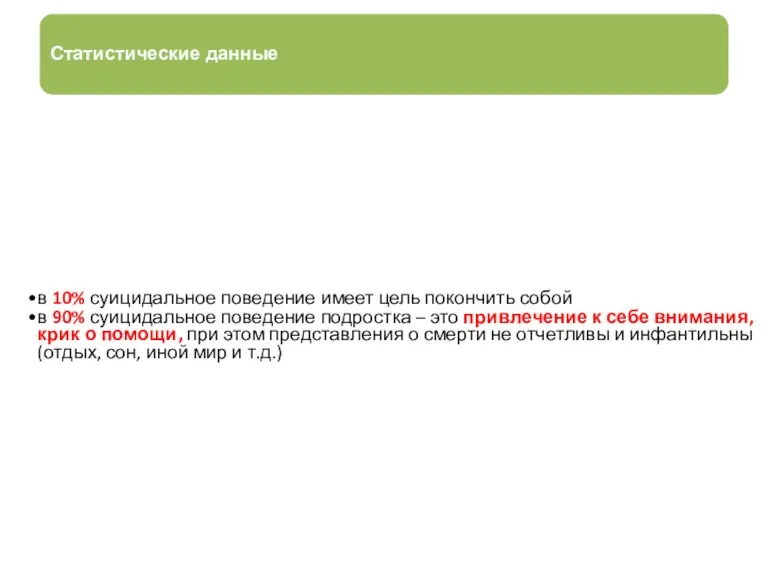 Статистические данные в 10% суицидальное поведение имеет цель покончить собой в 90%