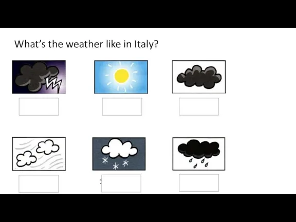 What’s the weather like in Italy? stormy sunny cloudy windy snowy rainy