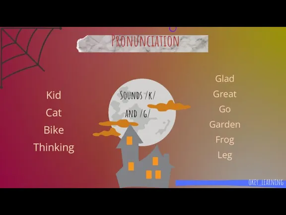 Sounds /k/ and /g/ okey_learning Pronunciation Kid Cat Bike Thinking Glad Great Go Garden Frog Leg
