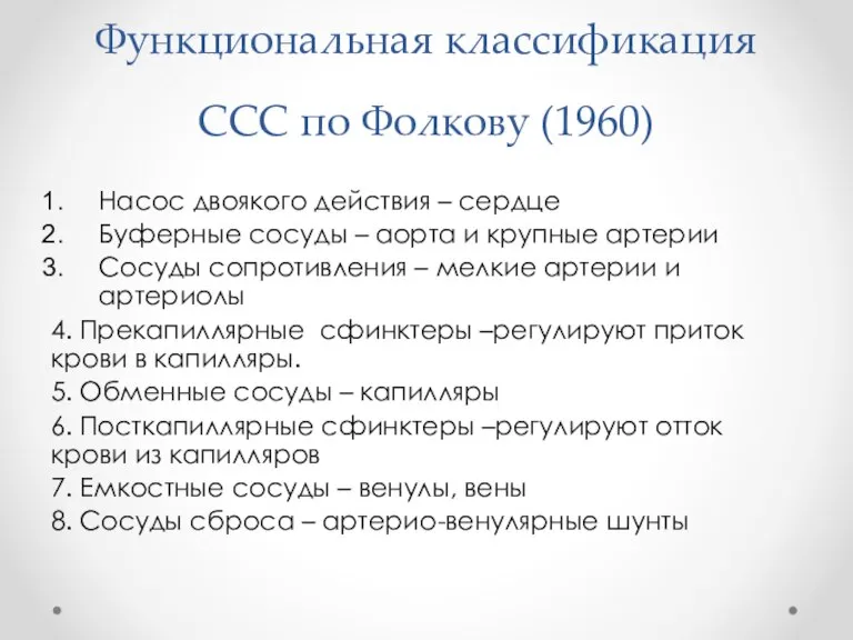 Функциональная классификация ССС по Фолкову (1960) Насос двоякого действия – сердце Буферные