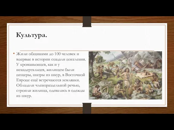 Культура. Жили общинами до 100 человек и впервые в истории создали поселения.