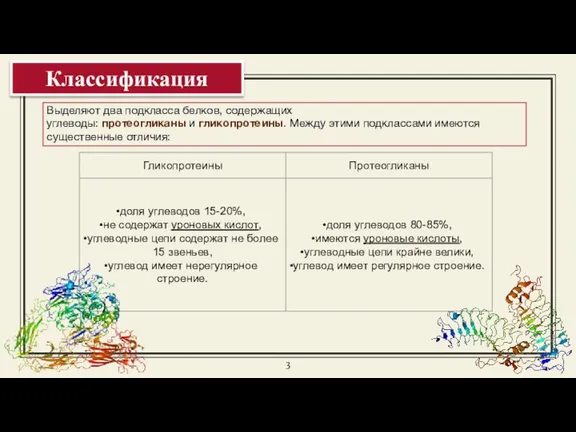 Выделяют два подкласса белков, содержащих углеводы: протеогликаны и гликопротеины. Между этими подклассами имеются существенные отличия: Классификация