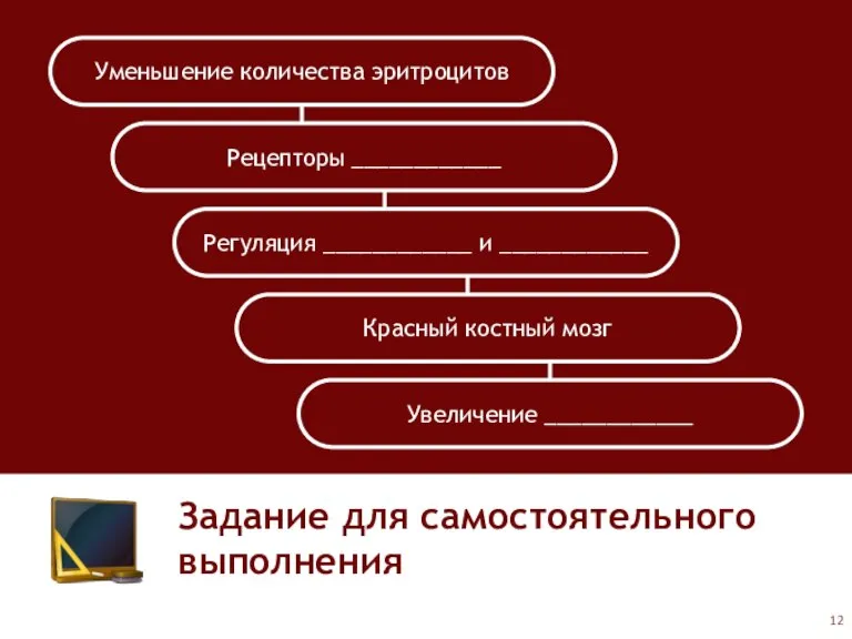 Задание для самостоятельного выполнения Уменьшение количества эритроцитов Рецепторы ____________ Регуляция ____________ и