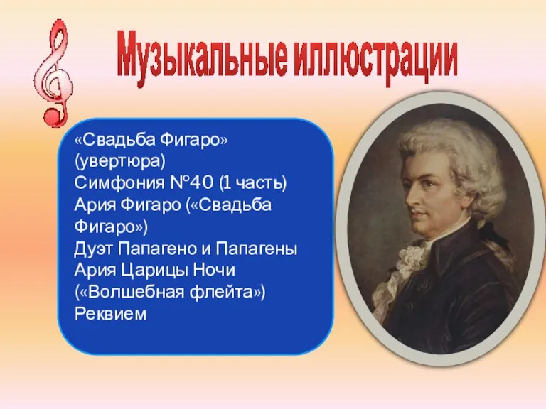 Музыкальные иллюстрации «Свадьба Фигаро» (увертюра) Симфония №40 (1 часть) Ария Фигаро («Свадьба