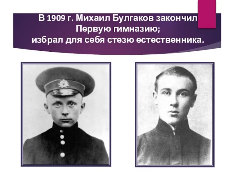 В 1909 г. Михаил Булгаков закончил Первую гимназию; избрал для себя стезю естественника.