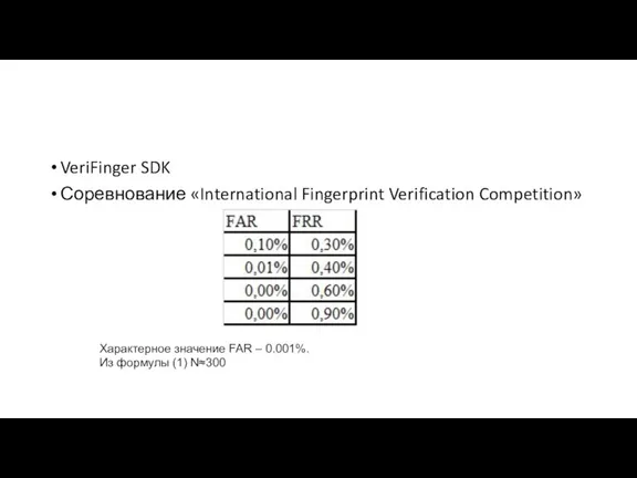 VeriFinger SDK Соревнование «International Fingerprint Verification Competition» Характерное значение FAR – 0.001%. Из формулы (1) N≈300