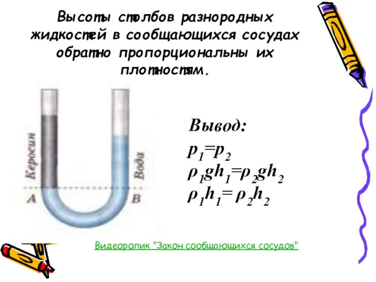 Высоты столбов разнородных жидкостей в сообщающихся сосудах обратно пропорциональны их плотностям. Вывод: