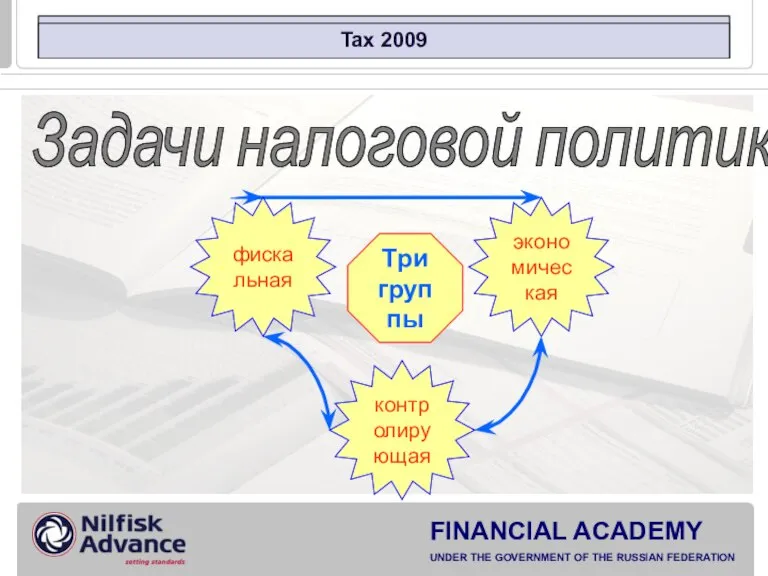 Tax 2009 Три группы экономическая фискальная контролирующая Задачи налоговой политики