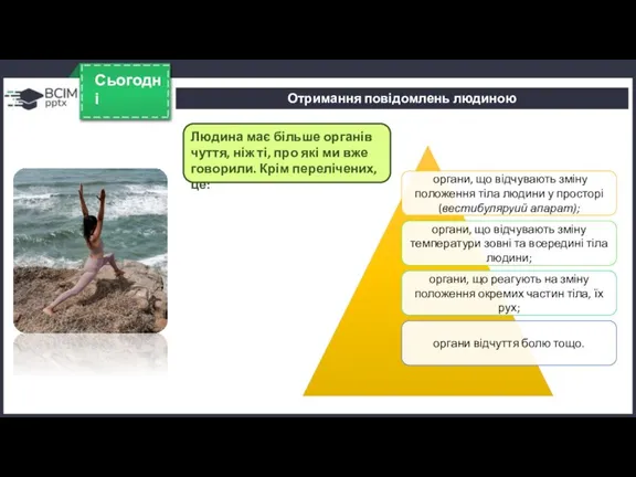 Сьогодні Отримання повідомлень людиною Людина має більше органів чуття, ніж ті, про