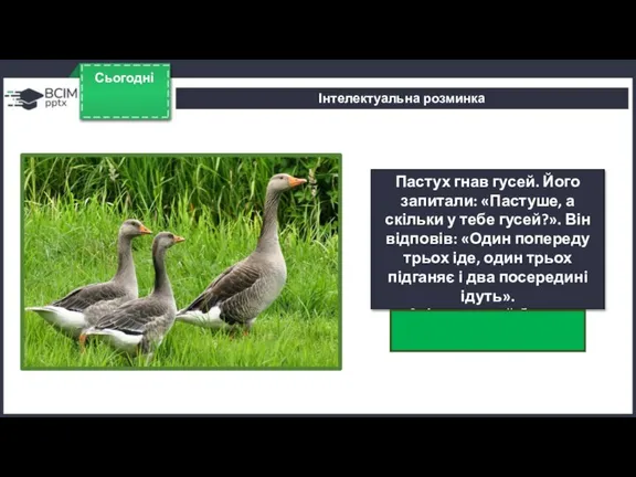 Пастух гнав гусей. Його запитали: «Пастуше, а скільки у тебе гусей?». Він