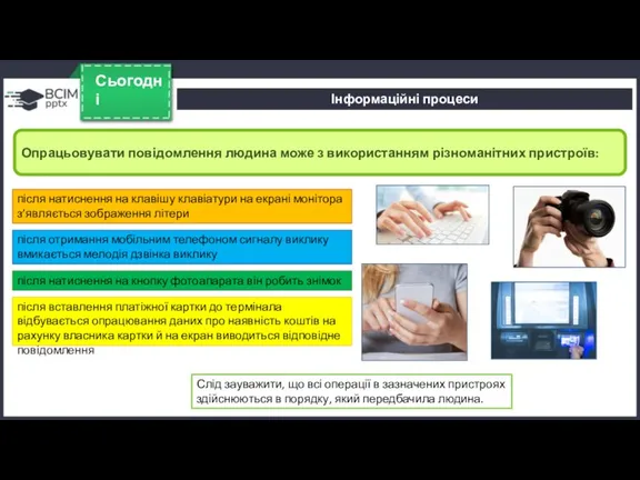 Сьогодні Опрацьовувати повідомлення людина може з використанням різноманітних пристроїв: Інформаційні процеси Слід