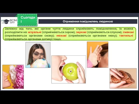 Сьогодні Залежно від того, які органи чуття людини сприймають повідомлення, їх можна