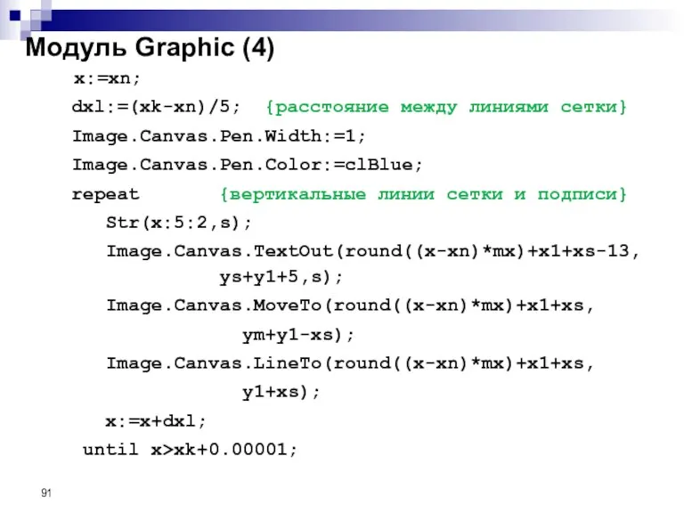 Модуль Graphic (4) x:=xn; dxl:=(xk-xn)/5; {расстояние между линиями сетки} Image.Canvas.Pen.Width:=1; Image.Canvas.Pen.Color:=clBlue; repeat