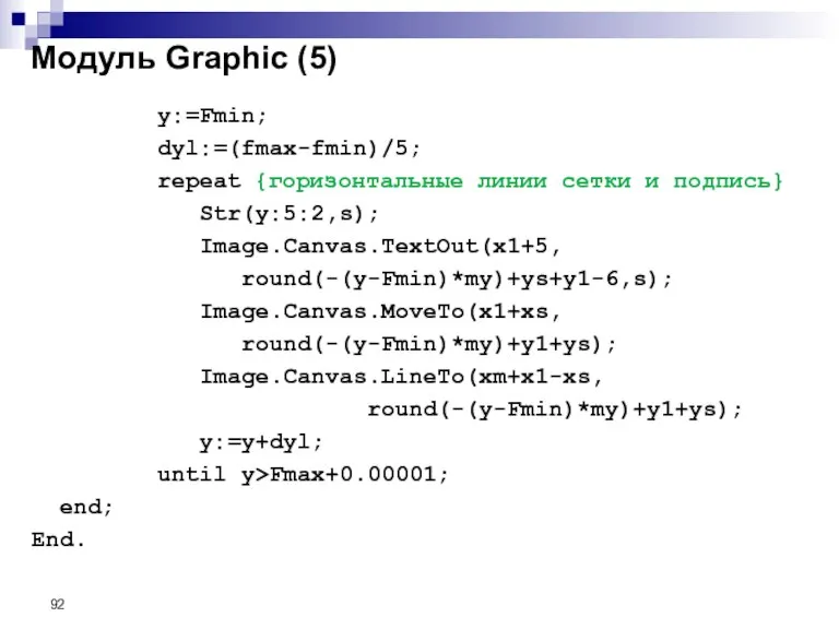 Модуль Graphic (5) y:=Fmin; dyl:=(fmax-fmin)/5; repeat {горизонтальные линии сетки и подпись} Str(y:5:2,s);