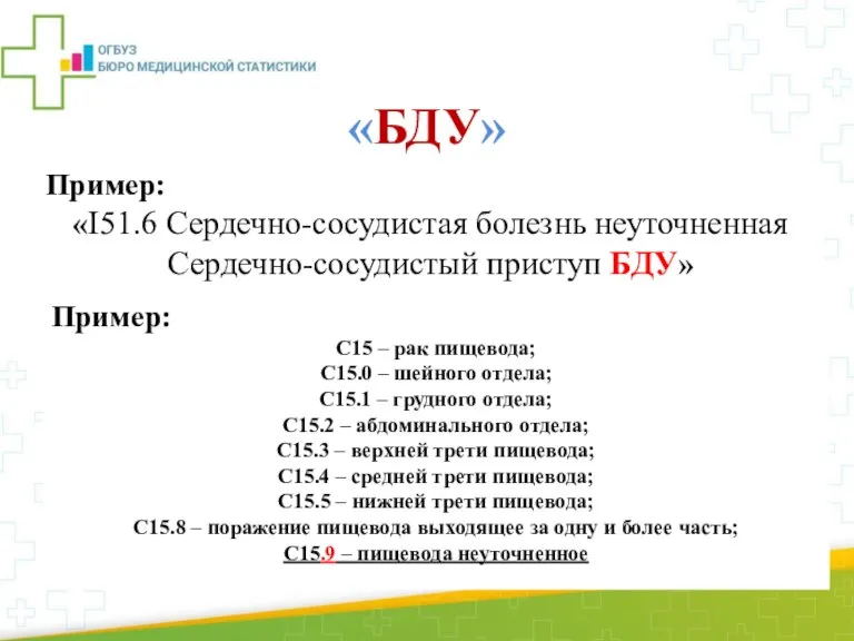 «БДУ» Аббревиатура «без дополнительных уточнений» обозначает «неуточненный» или «неустановленный», и используется тогда,