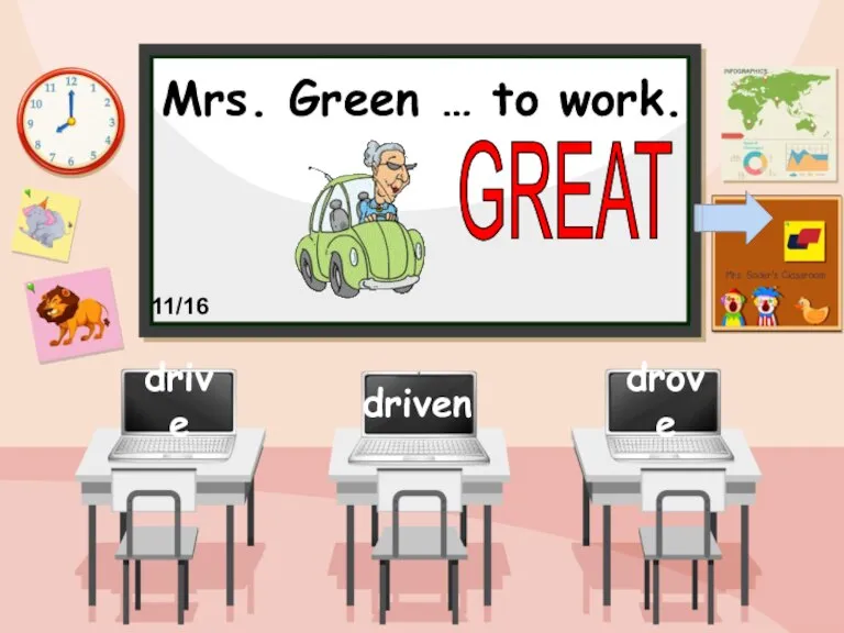 Mrs. Green … to work. driven drove drive GREAT 11/16