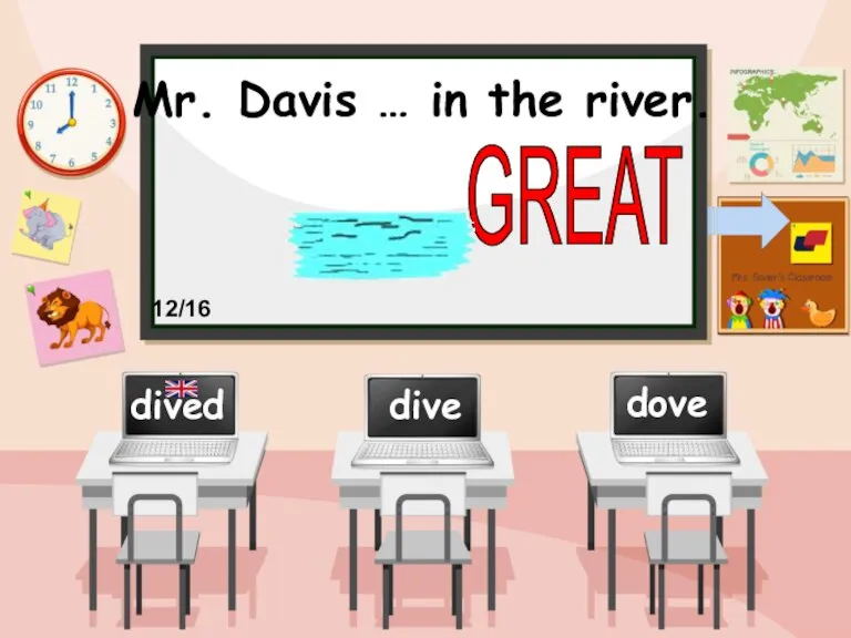 Mr. Davis … in the river. dive dove dived GREAT 12/16