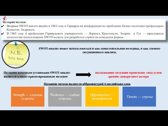 История метода: Впервые SWOT-анализ введён в 1963 году в Гарварде на конференции