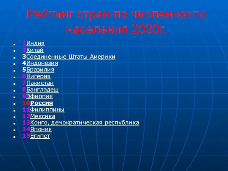 Рейтинг стран по численности населения 2030г. 1Индия 2Китай 3Соединенные Штаты Америки 4Индонезия