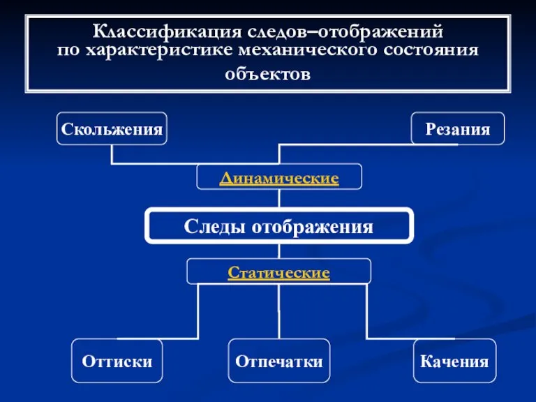 Классификация следов–отображений по характеристике механического состояния объектов Следы отображения Отпечатки Оттиски Динамические Скольжения Статические Качения Резания