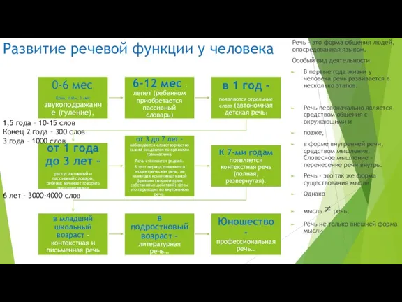 Развитие речевой функции у человека Речь - это форма общения людей, опосредованная