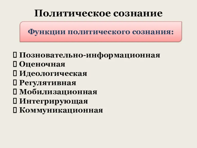 Политическое сознание Функции политического сознания: Позновательно-информационная Оценочная Идеологическая Регулятивная Мобилизационная Интегрирующая Коммуникационная