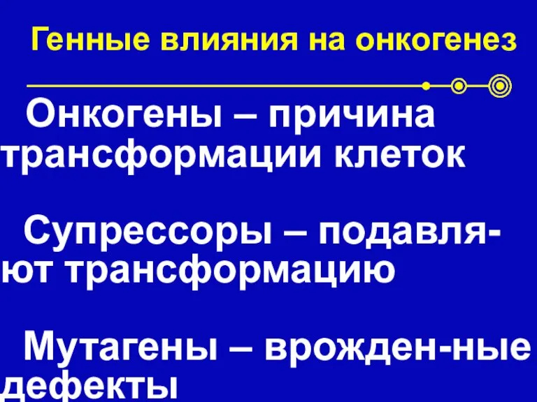 Генные влияния на онкогенез Онкогены – причина трансформации клеток Супрессоры – подавля-ют