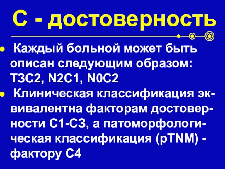 С - достоверность Каждый больной может быть описан следующим образом: ТЗС2, N2C1,