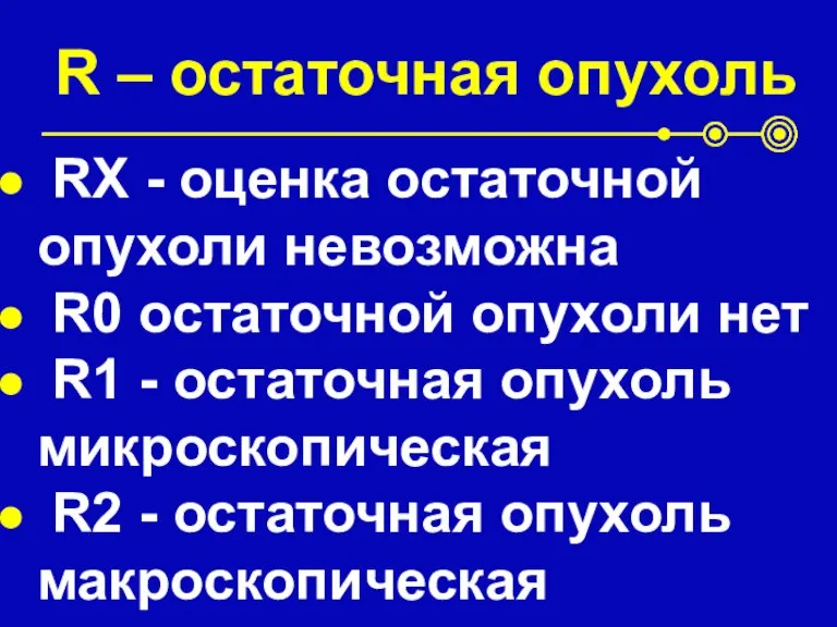 R – остаточная опухоль RX - оценка остаточной опухоли невозможна R0 остаточной