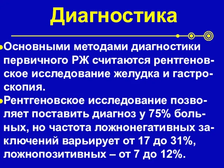 Диагностика Основными методами диагностики первичного РЖ считаются рентгенов-ское исследование желудка и гастро-скопия.