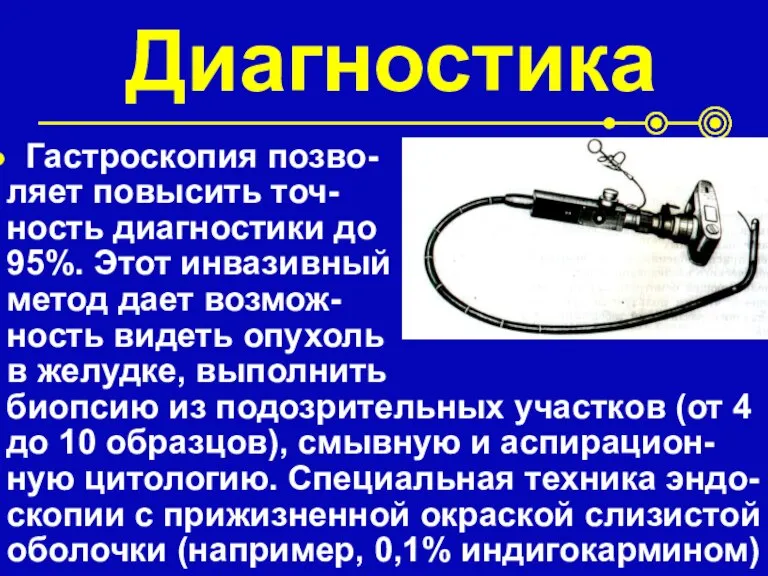 Диагностика Гастроскопия позво- ляет повысить точ- ность диагностики до 95%. Этот инвазивный