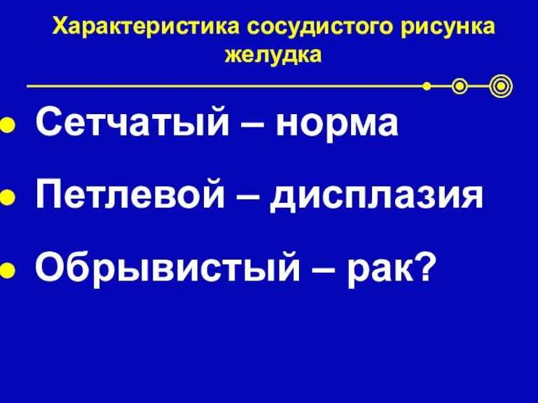 Характеристика сосудистого рисунка желудка Сетчатый – норма Петлевой – дисплазия Обрывистый – рак?