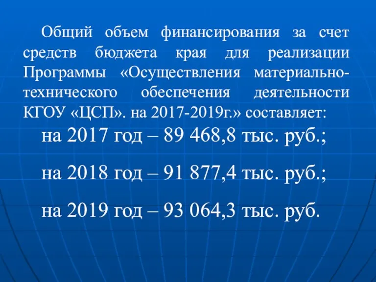 Общий объем финансирования за счет средств бюджета края для реализации Программы «Осуществления