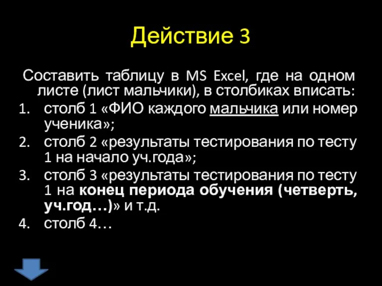 Действие 3 Составить таблицу в MS Excel, где на одном листе (лист