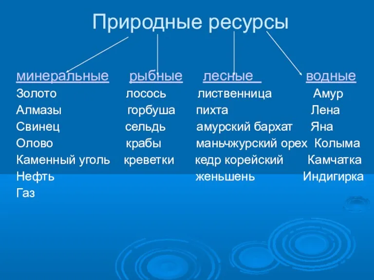 Природные ресурсы минеральные рыбные лесные водные Золото лосось лиственница Амур Алмазы горбуша