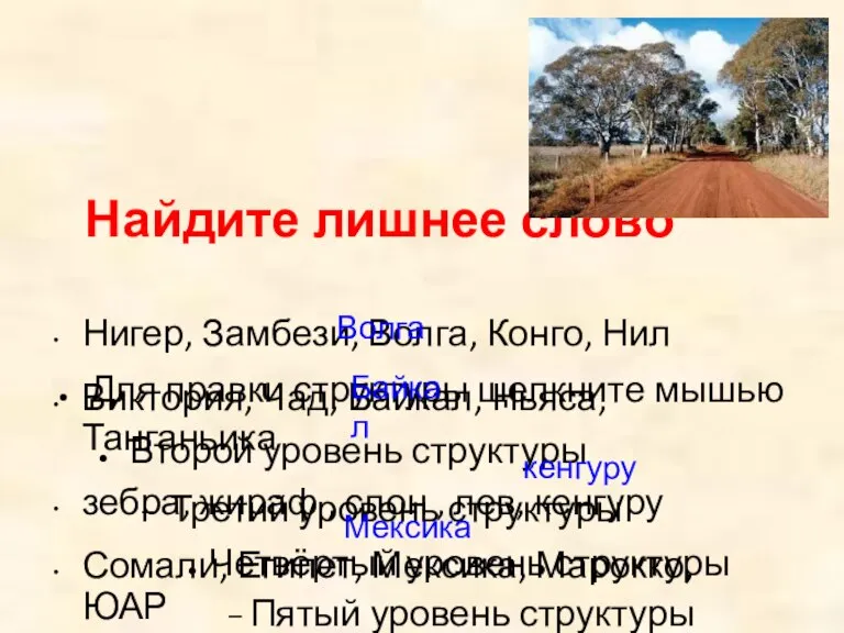 Найдите лишнее слово Нигер, Замбези, Волга, Конго, Нил Виктория, Чад, Байкал, Ньяса,