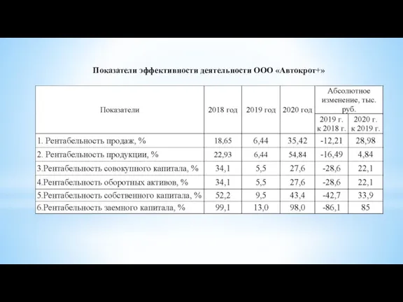 Показатели эффективности деятельности ООО «Автокрот+»